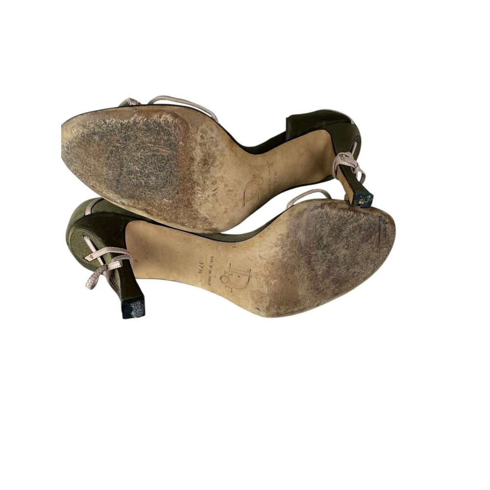Christian Dior Kaki & Rose Couture Satin Heels Bow Size 37.5 US 7 Green Pink - Picture 7 of 10